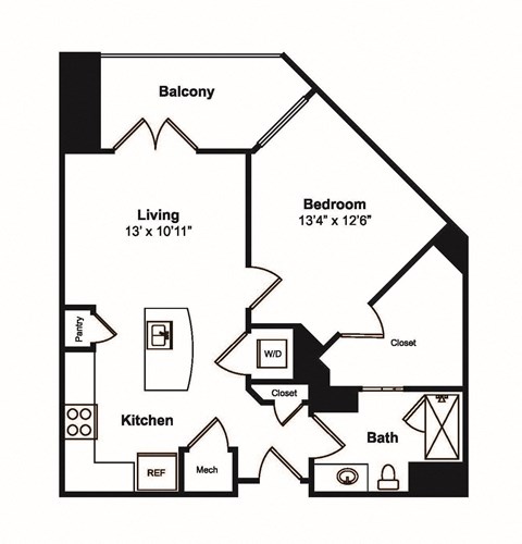 Floor plan for 1 bed, 1 bath, 739 sqft